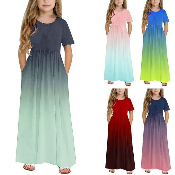 GERsome Girl's Short Sleeve Crewneck Maxi Dress Loose Casual Holiday Beach Long Dress with Pocket for 4-14 Years Kids