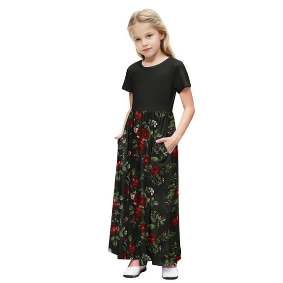GERsome Girl's Short Sleeve Dress Patchwork Floral Print Loose Casual Long Maxi Dress with Pockets for 4-14 Years Kids