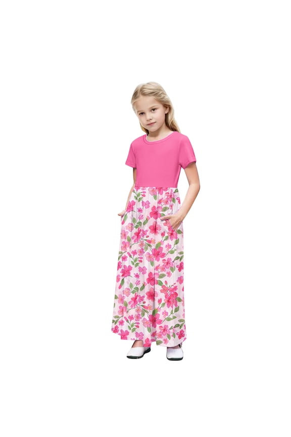 Girl's Short Sleeve Dress Patchwork Floral Print Loose Casual Long Maxi Dress with Pockets for 4-14 Years Kids