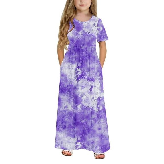 GERsome Girl's Short Sleeve Maxi Dress Tie-Dye Loose Casual Holiday Beach Long Dress with Pocket for 4-14 Years Kids