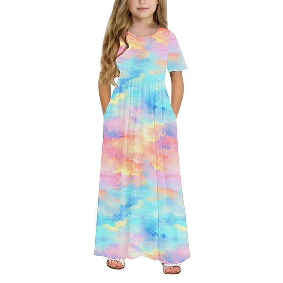 GERsome Girl's Short Sleeve Maxi Dress Tie-Dye Loose Casual Holiday Beach Long Dress with Pocket for 4-14 Years Kids