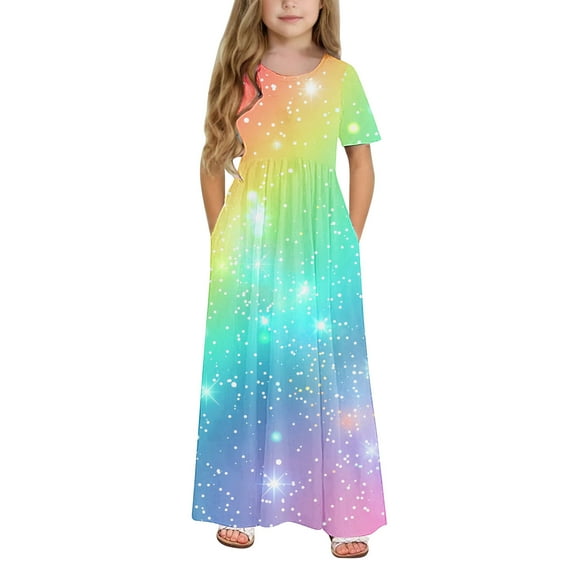 GERsome Girl's Short Sleeve Maxi Dress Tie-Dye Loose Casual Holiday Beach Long Dress with Pocket for 4-14 Years Kids