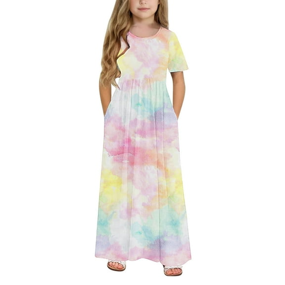 GERsome Girl's Short Sleeve Maxi Dress Tie-Dye Loose Casual Holiday Beach Long Dress with Pocket for 4-14 Years Kids