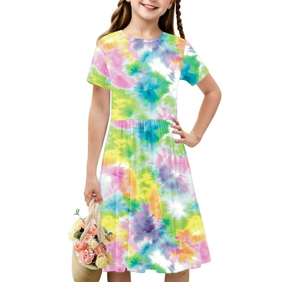 GERsome Girl's Summer Dresses Short Sleeve Crewneck Swing Flowy Midi Casual A-Line Sundress for 4-14 Years Kids