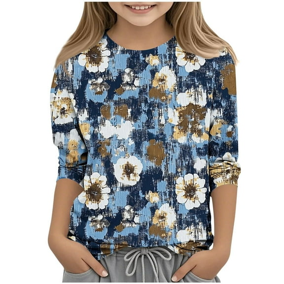 GERsome Girls 3/4 Sleeve Crew Neck T Shirts Casual Floral Tees Loose Fit Summer Tops, Sizes 3-12 Years