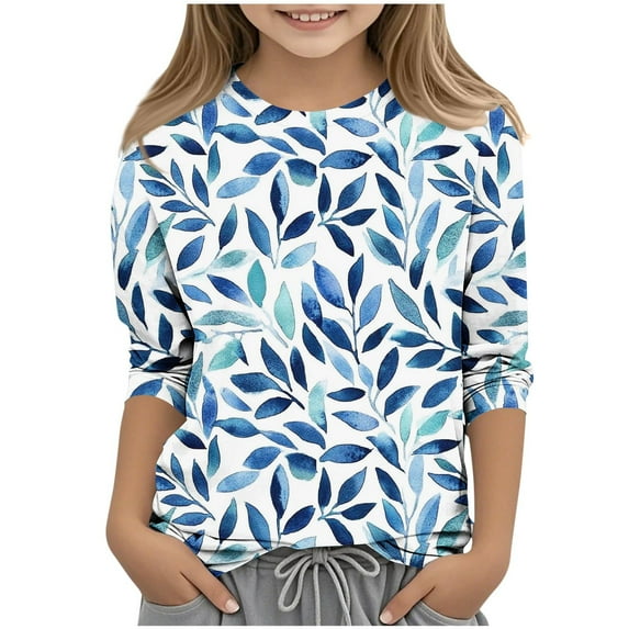 GERsome Girls 3/4 Sleeve Crew Neck T Shirts Casual Floral Tees Loose Fit Summer Tops, Sizes 3-12 Years