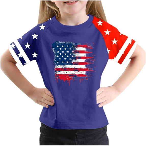 GERsome Girls 4th of July Patriotic Tops American Flag Graphic Tees Short Sleeve Crewneck T Shirts Loose Fit Summer USA Flag Stars Stripes Tops, 4-5 Years