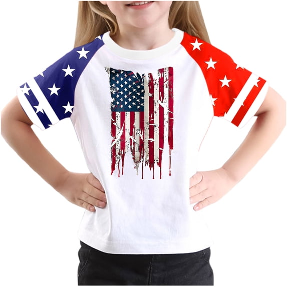 GERsome Girls 4th of July T-Shirts, Boys American Flag Patriotic Tops Unisex Kids Crew Neck Short Sleeve USA Flag Stars Stripes Graphic Tee, 5-6 Years
