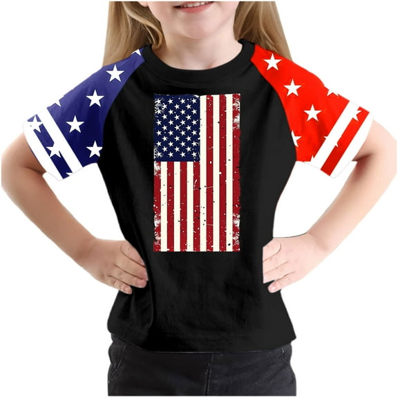 GERsome Girls 4th of July Patriotic Tops American Flag T-Shirts for Unisex Kids Summer Casual Short Sleeve Crew Neck Graphic Tee, 13-14 Years