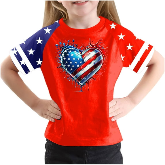 GERsome Girls 4th of July Patriotic Tops American Flag T-Shirts for Unisex Kids Summer Casual Short Sleeve Crew Neck Graphic Tee, 5-6 Years