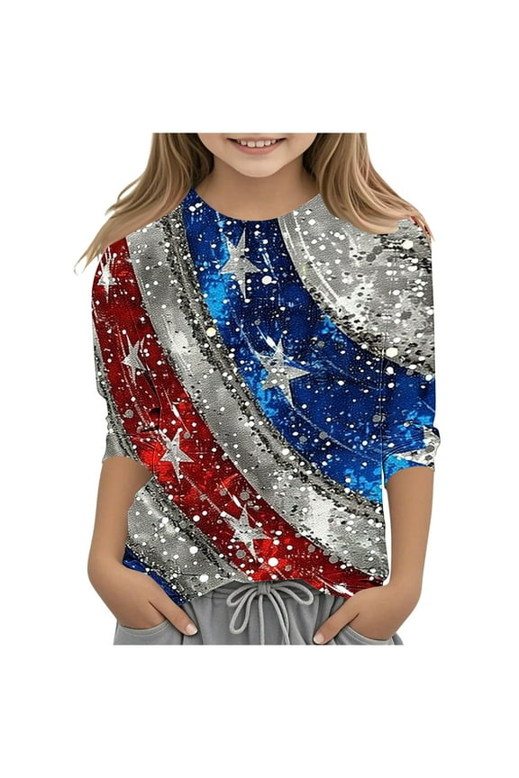 Girls American Flag Patriotic T Shirts 4th of July 3/4 Sleeve Crewneck Summer Tshirts for Toddler Girls USA Flag Stars Stripes Graphic Tee, Sizes 3-4 Years