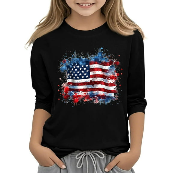 GERsome Girls Boys T-Shirts for 4th of July, American Flag 3/4 Sleeve Tee, Crewneck T-Shirts for Kids, 5-6 Years