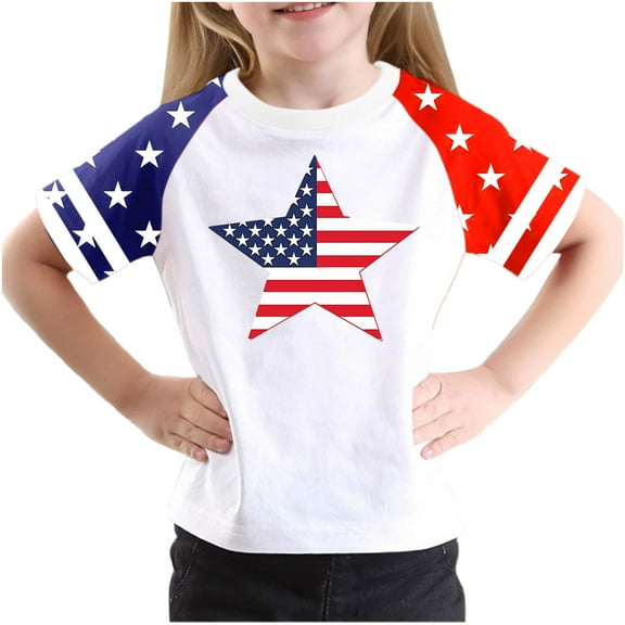 GERsome Girls Boys T-Shirts for 4th of July, American Flag Short Sleeve Tee, Crewneck T-Shirts for Kids, 7-8 Years