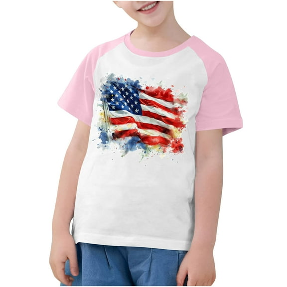 GERsome Girls Boys T-Shirts for 4th of July, American Flag Short Sleeve Tee, Crewneck T-Shirts for Kids, Sizes 13-14 Years