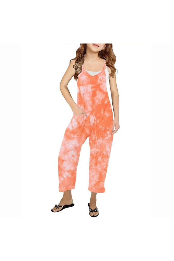 Girls Casual Sleeveless Spaghetti Strap Jumpsuit Outfits Baggy Harem Overalls Long Pant Jumper Rompers 5-14 Years（Size 5-6 Years/14#Orange)