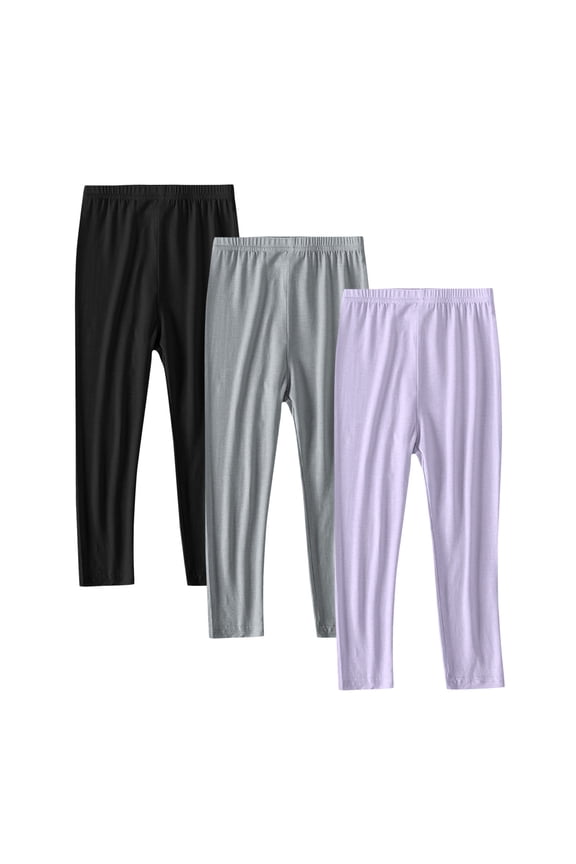Girls Cotton Leggings 3 Pack Full Length Soft Comfortable Leggings Elastic Waist Footless Dance Running Yoga Tights Pants Solid Color Size 2-13 Years
