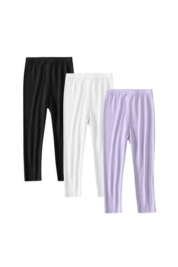 Girls Cotton Leggings 3 Pack Full Length Soft Comfortable Leggings Elastic Waist Footless Dance Running Yoga Tights Pants Solid Color Size 2-13 Years