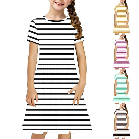 GERsome Girls Dresses Short Sleeve A-Line Crewneck Sundress Summer Swing Midi Dress for 4-14 Years Kids