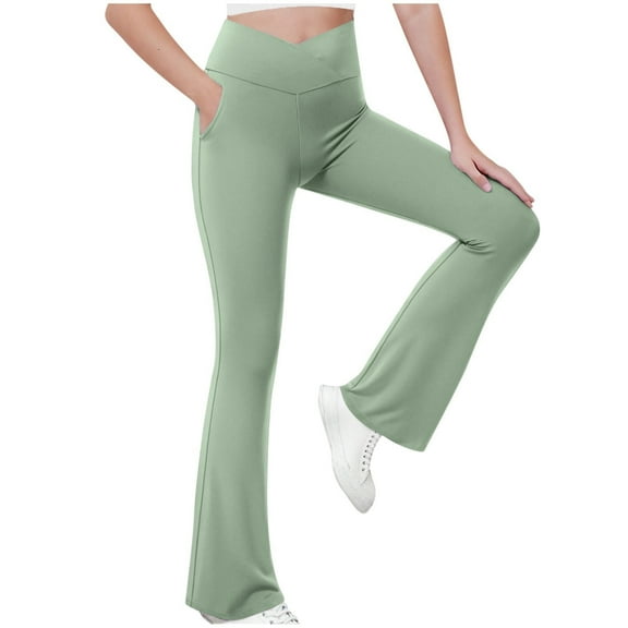 GERsome Girls Flare Leggings Yoga Workout Leggings Solid Color High Waisted Running Bell Bottom Pants with Pockets 5-15 Years Mint Green