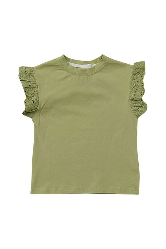 Girls Flutter Sleeve Tee Summer Crewneck Soft Cotton T-Shirts Toddler Girls Eyelet Sleeve Tops, Sizes 2-8 Years