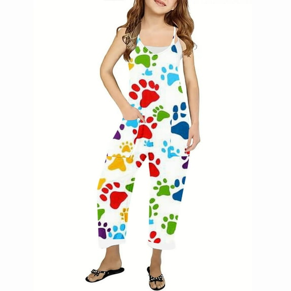 GERsome Girls Jumpsuit Sleeveless Cute Print Long Pants Romper Loose Spaghetti Strap Kids V-Neck Casual Overalls with Pockets 5-14 Years(Size 13-14 Years/11#Puppy Lovers)