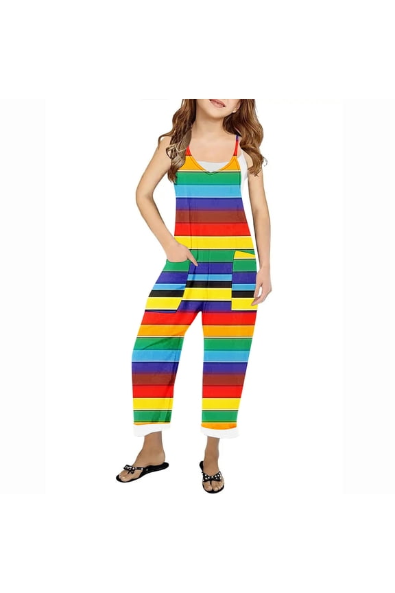 Girls Jumpsuit Sleeveless Cute Print Long Pants Romper Loose Spaghetti Strap Kids V-Neck Casual Overalls with Pockets 5-14 Years(Size 7-8 Years/06#Rainbow Stripes)