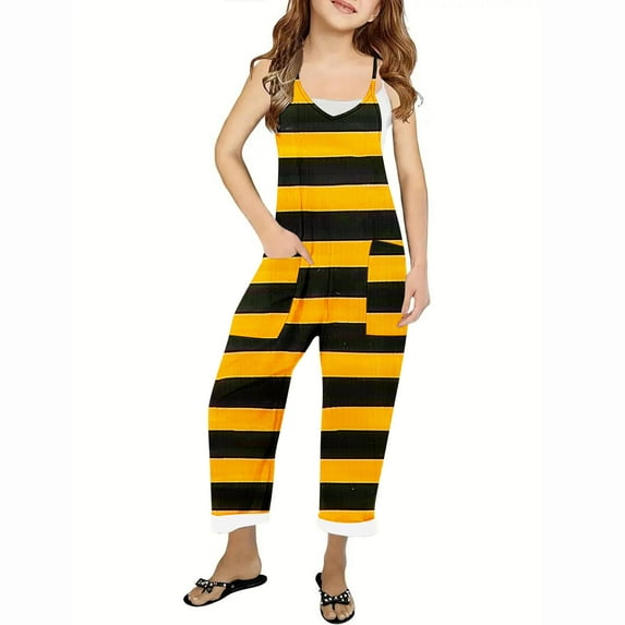 GERsome Girls Jumpsuit Sleeveless Cute Print Long Pants Romper Loose Spaghetti Strap Kids V-Neck Casual Overalls with Pockets 5-14 Years(Size 9-10 Years/14#Stripes)