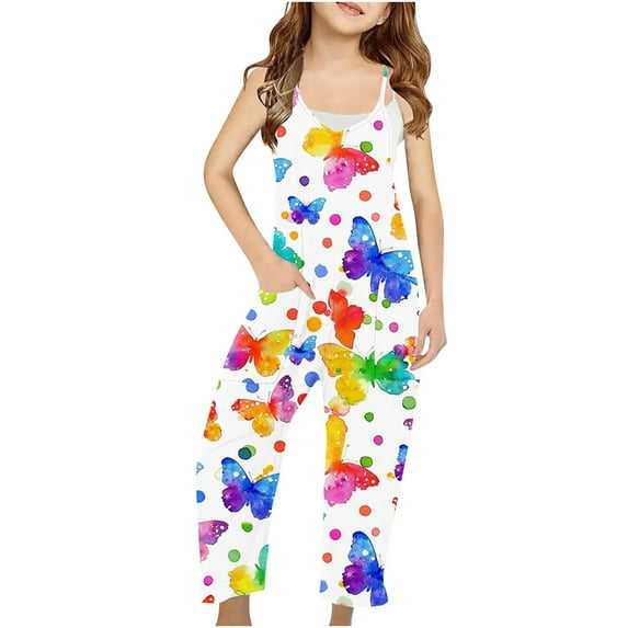 GERsome Girls Jumpsuits Kids V-Neck Casual Spaghetti Strap Sleeveless Loose Romper Long Pants with Pockets Kids Clothes 5-14 Years(Size 7-8 Years/06#Butterfly)