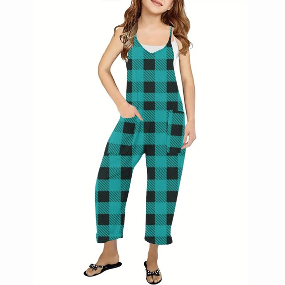 GERsome Girls' Jumpsuits & Rompers Sleeveless Classic Plaid Long Pants Romper Loose Spaghetti Strap Kids V-Neck Casual Overalls with Pockets 5-14 Years(Size 13-14 Years/Blue)