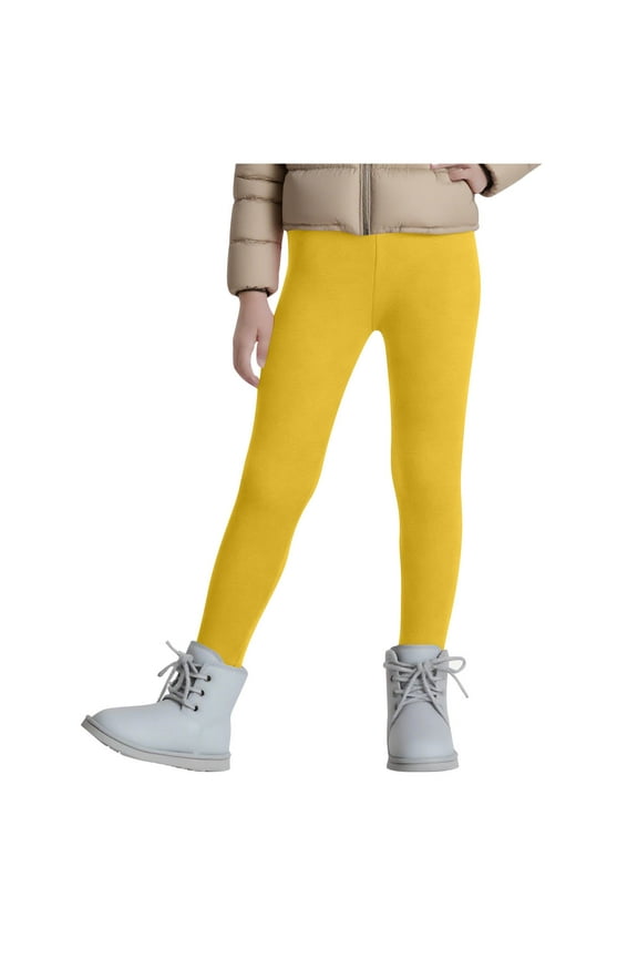 Girls Leggings Fleece Lined Fall Winter Warm Tights Leggings for Kids Girls Full Length Solid Color Tights Pants 3-13 Years Yellow