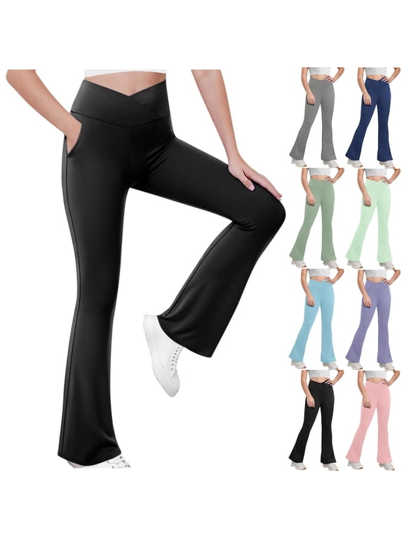 Girls' Leggings with Pockets Athletic Flare Leggings Kids Teen Dance Yoga Workout Running Pants for 5-15 Years Girls Black