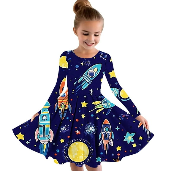 GERsome Girls Long Sleeve Crewneck Dress Casual A Line Twirly Skater Dresses Cute Graphic T-Shirt Swing Dress Size 4-14 Years