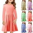 thumbnail image 1 of GERsome Girls Long Sleeve Dress Casual Solid Color Crewneck Dresses Twirly A Line Skater Dress for School Party 4-14 Years, 1 of 9