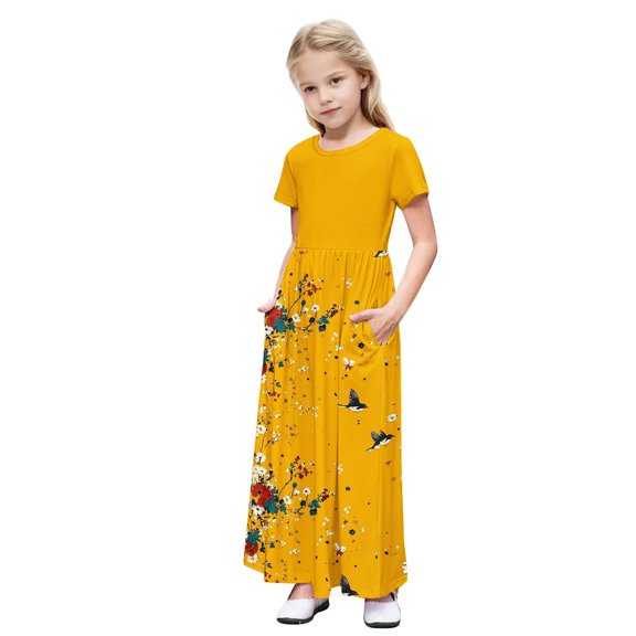 GERsome Girls Maxi Dress Short Sleeve Patchwork Floral Print Loose Casual Long Dress with Pockets for 4-14 Years Kids