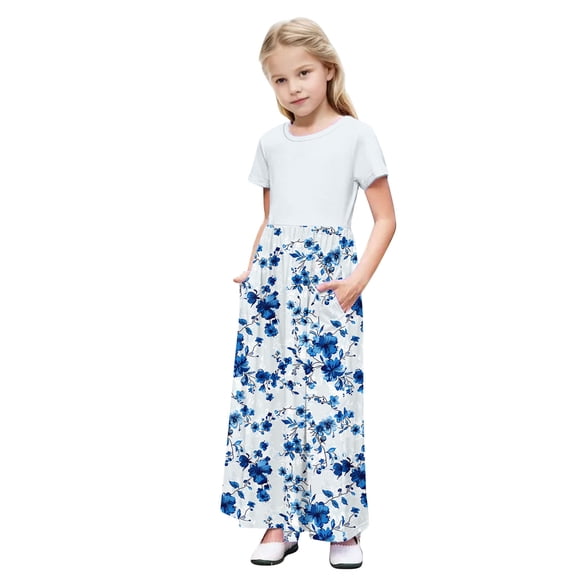 GERsome Girls Maxi Dress Short Sleeve Patchwork Floral Print Loose Casual Long Dress with Pockets for 4-14 Years Kids