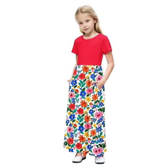 GERsome Girls Maxi Dress Short Sleeve Patchwork Floral Print Loose Casual Long Dress with Pockets for 4-14 Years Kids