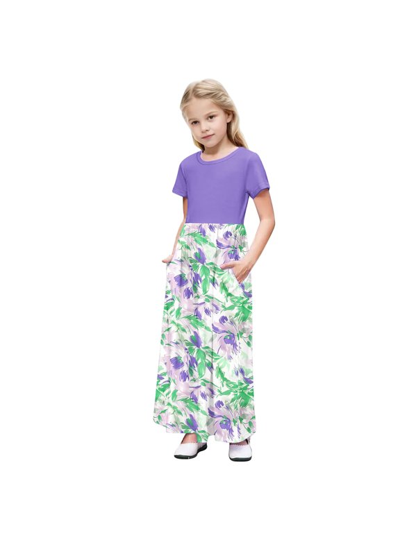 Girls Maxi Dress Short Sleeve Patchwork Floral Print Loose Casual Long Dress with Pockets for 4-14 Years Kids