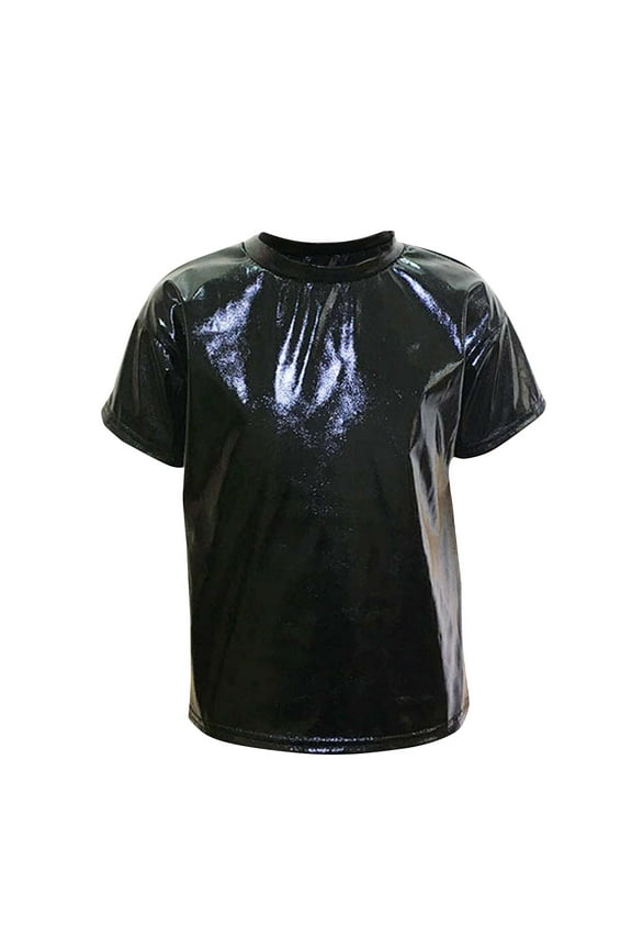 Girls Metallic Shiny Short Sleeve T-Shirts Crewneck Sparkle Glitter Tops Kids Girl's Dance Club Party Outfits, Sizes 3-16 Years
