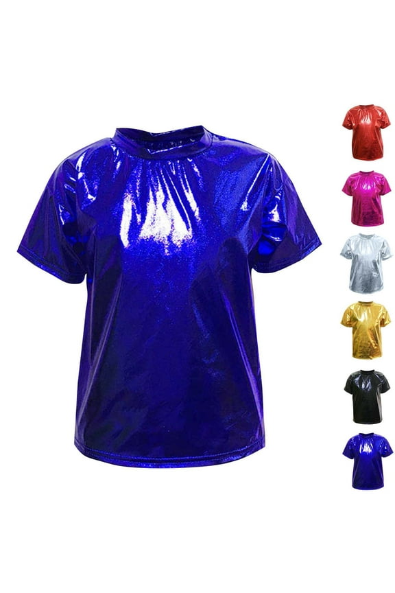 Girls Metallic Shiny Short Sleeve T-Shirts Crewneck Sparkle Glitter Tops Kids Girl's Dance Club Party Outfits, Sizes 3-16 Years