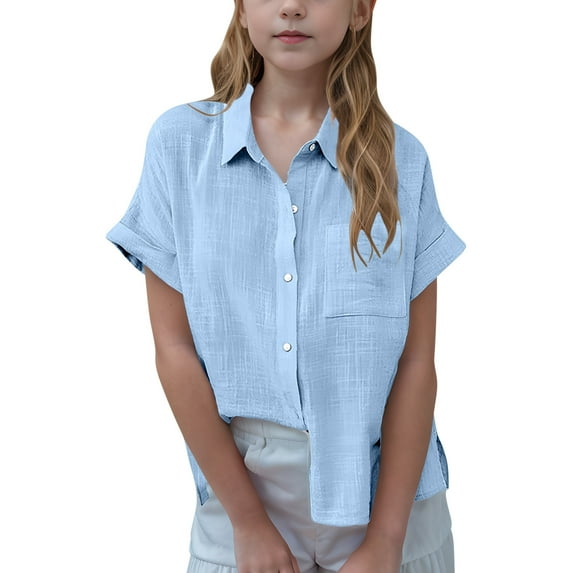 GERsome Girls Short Sleeve Button Down Shirts Loose Fit V Neck Casual Blouses Solid Color Summer Top with Pockets 3-14 Years
