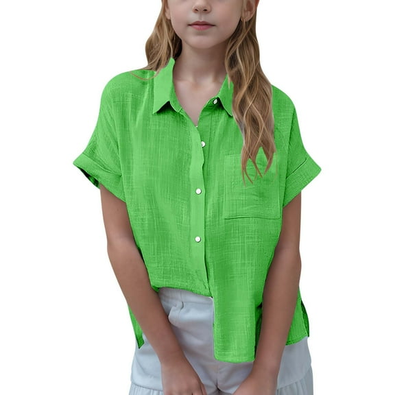 GERsome Girls Short Sleeve Button Down Shirts Loose Fit V Neck Casual Blouses Solid Color Summer Top with Pockets 3-14 Years