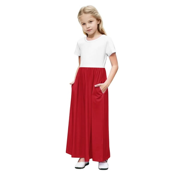 GERsome Girls Short Sleeve Color Block Loose Casual Long Maxi Dress with Pockets 4-14 Years