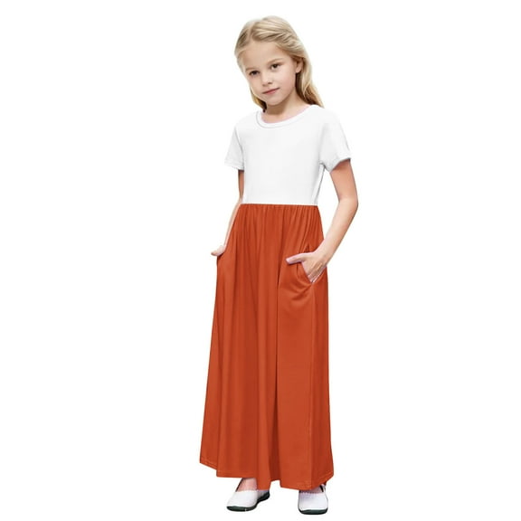 GERsome Girls Short Sleeve Color Block Loose Casual Long Maxi Dress with Pockets 4-14 Years