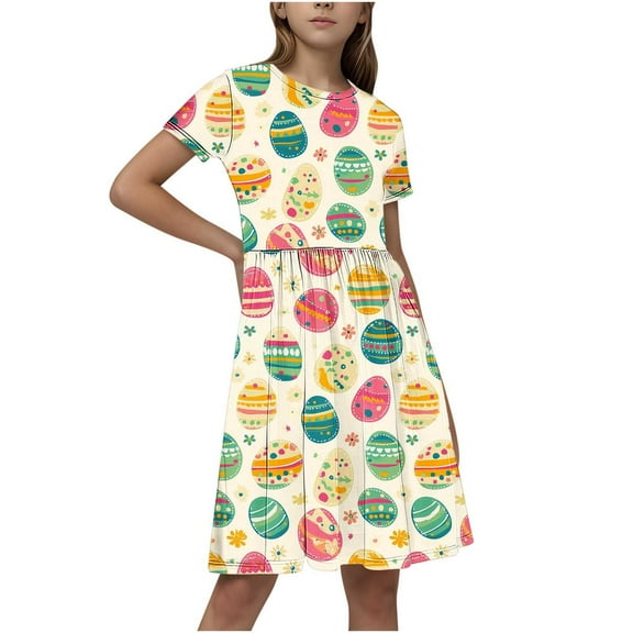 GERsome Girls' Short-Sleeve Dress Crewneck A-Line Sundress Summer Casual Midi Dresses for 4-14 Years Kids