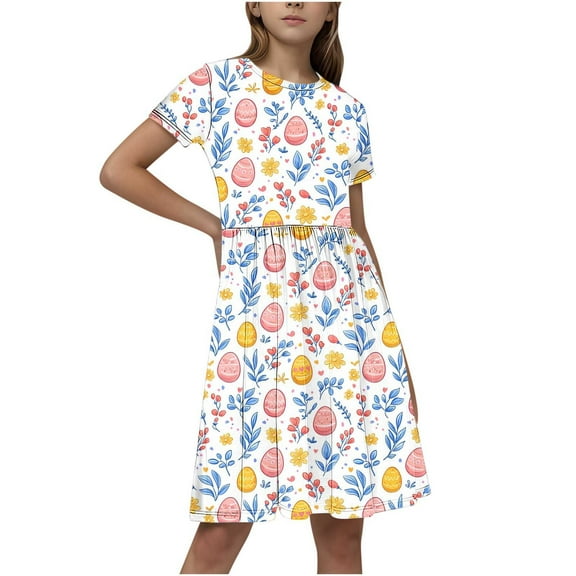 GERsome Girls' Short-Sleeve Dress Crewneck A-Line Sundress Summer Casual Midi Dresses for 4-14 Years Kids