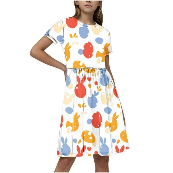 GERsome Girls' Short-Sleeve Dress Crewneck A-Line Sundress Summer Casual Midi Dresses for 4-14 Years Kids