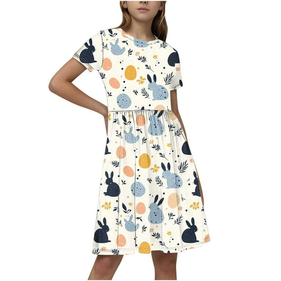 GERsome Girls' Short-Sleeve Dress Crewneck A-Line Sundress Summer Casual Midi Dresses for 4-14 Years Kids