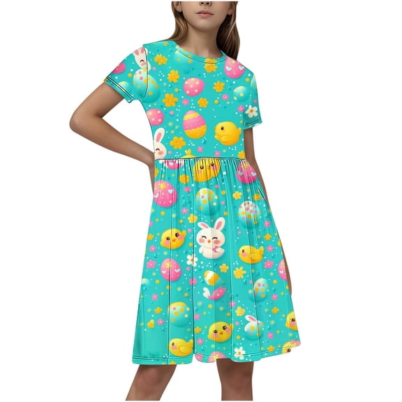 GERsome Girls' Short-Sleeve Dress Crewneck A-Line Sundress Summer Casual Midi Dresses for 4-14 Years Kids
