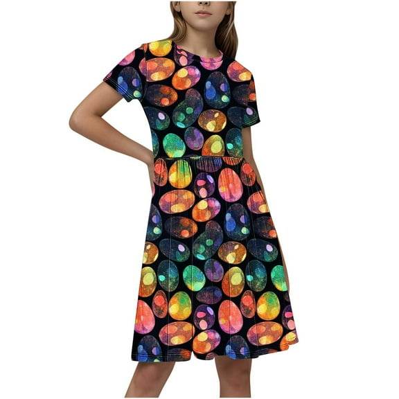 GERsome Girls' Short-Sleeve Dress Crewneck A-Line Sundress Summer Casual Midi Dresses for 4-14 Years Kids