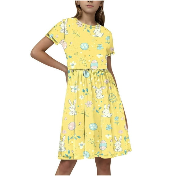 GERsome Girls' Short-Sleeve Dress Crewneck A-Line Sundress Summer Casual Midi Dresses for 4-14 Years Kids